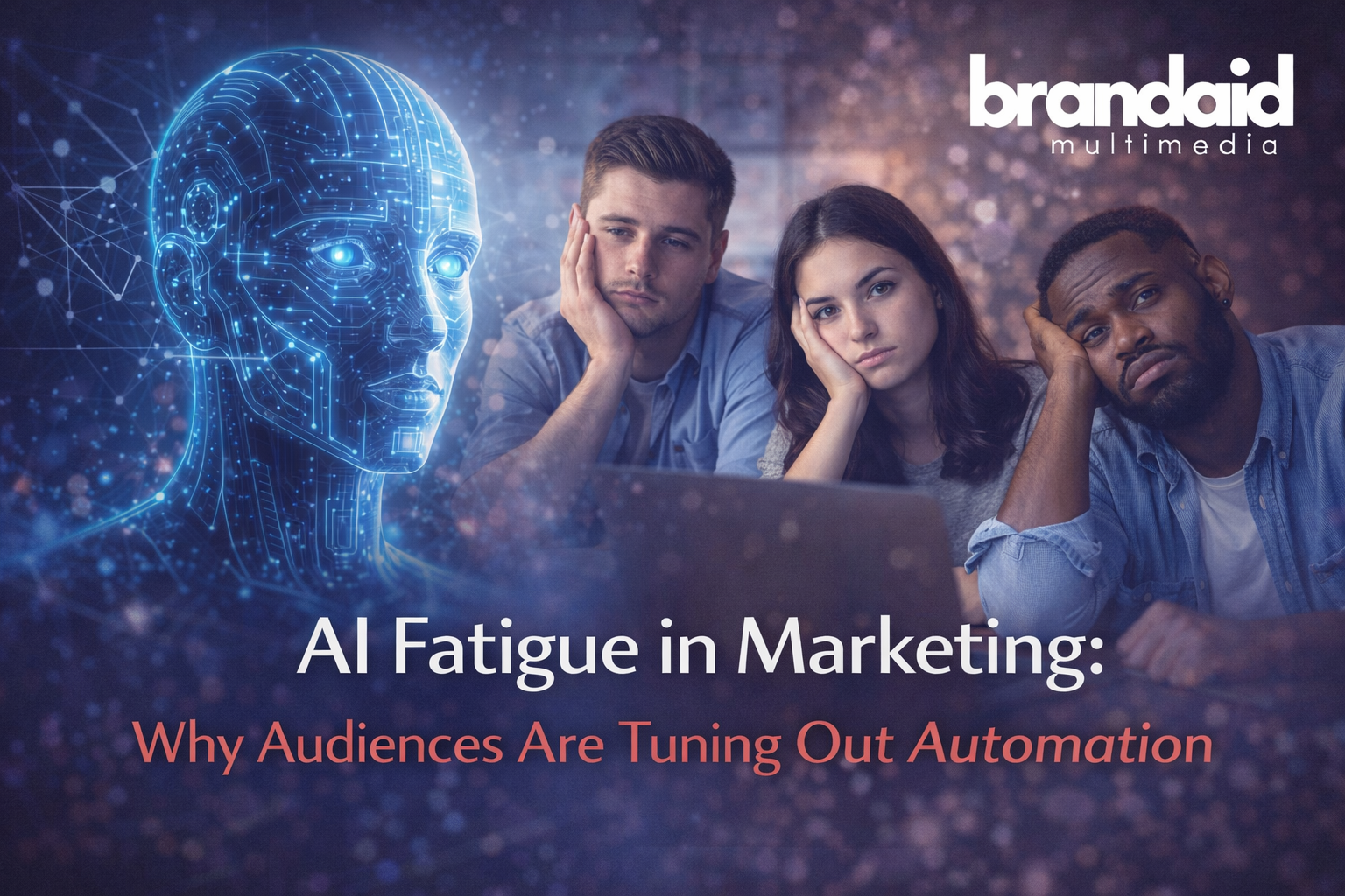 AI fatigue in marketing illustrated through disengaged audiences reacting to automated digital content and artificial intelligence