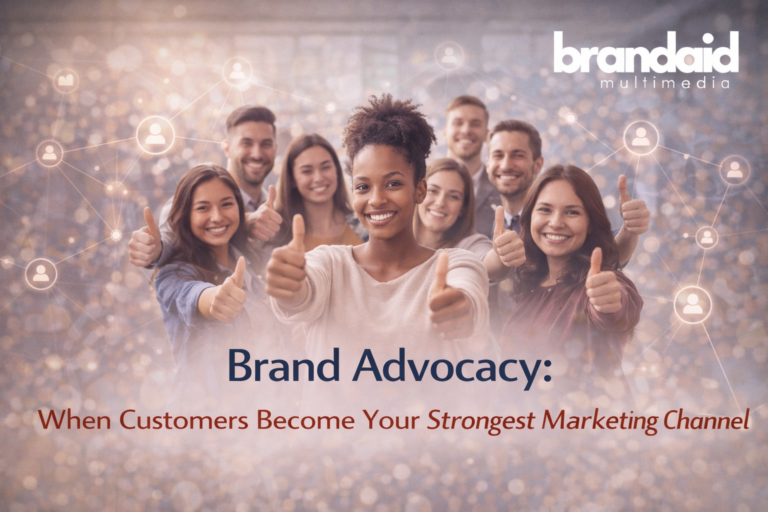 Brand advocacy illustrated through happy customers sharing positive experiences and supporting a brand together
