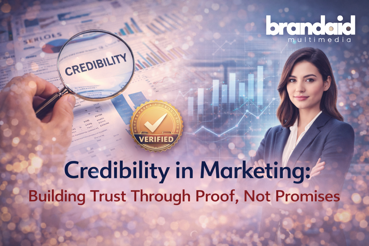 Brand credibility illustrated through data-driven proof, transparency, and confidence in modern marketing