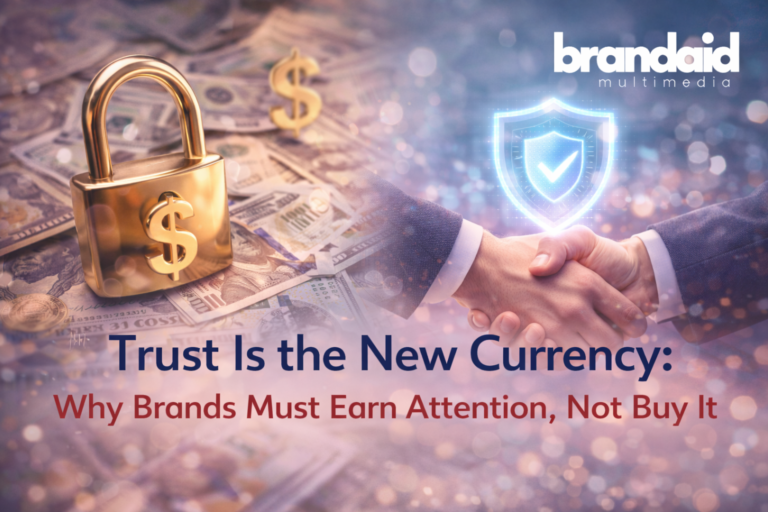 Brand trust illustrated as a valuable currency through secure partnerships, transparency, and credibility in modern marketing