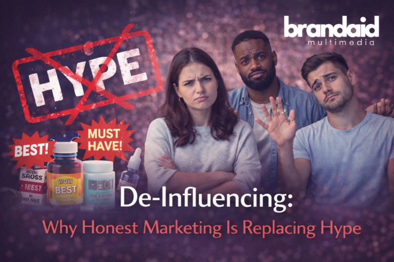 De-influencing marketing illustrated by audiences rejecting hype-driven product claims and preferring honest brand communication