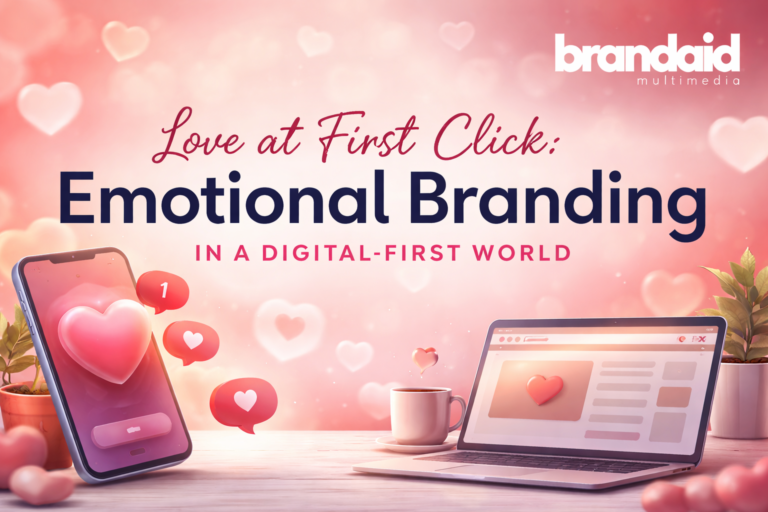 Emotional branding in a digital-first world illustrated through digital devices, heart icons, and human connection in a Valentine’s-themed design
