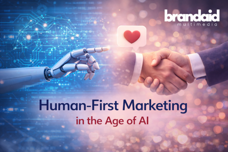 Human-first marketing illustrated through collaboration between AI technology and human connection