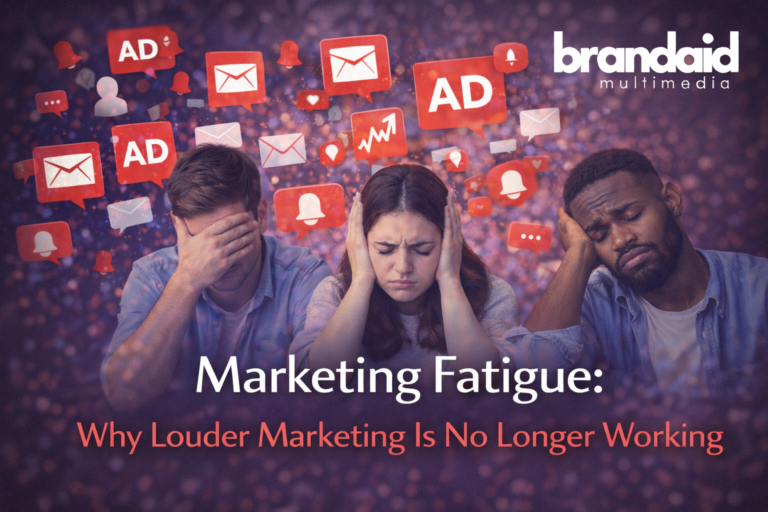Marketing fatigue illustrated by overwhelmed audiences reacting to excessive ads, notifications, and loud brand messaging