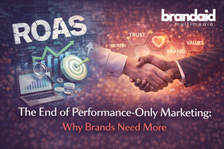 Performance-only marketing contrasted with brand building, showing declining ROAS metrics on one side and trust-driven brand growth on the other
