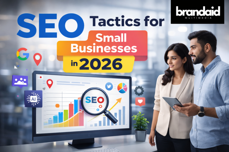 SEO tactics for small businesses in 2026 illustrated through data analytics, search performance graphs, and digital growth strategy