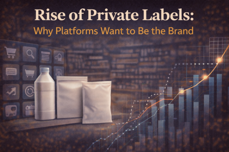 Rise of Private Labels: Why Platforms Want to Be the Brand” featuring unbranded product packaging, e-commerce interface icons, and upward growth charts against a digital retail background.