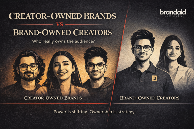 Editorial banner comparing creator-owned brands and brand-owned creators, featuring stylized Indian creator illustrations on one side, corporate creator silhouettes on the other, and the headline “Who really owns the audience?” with BrandAid Multimedia branding.