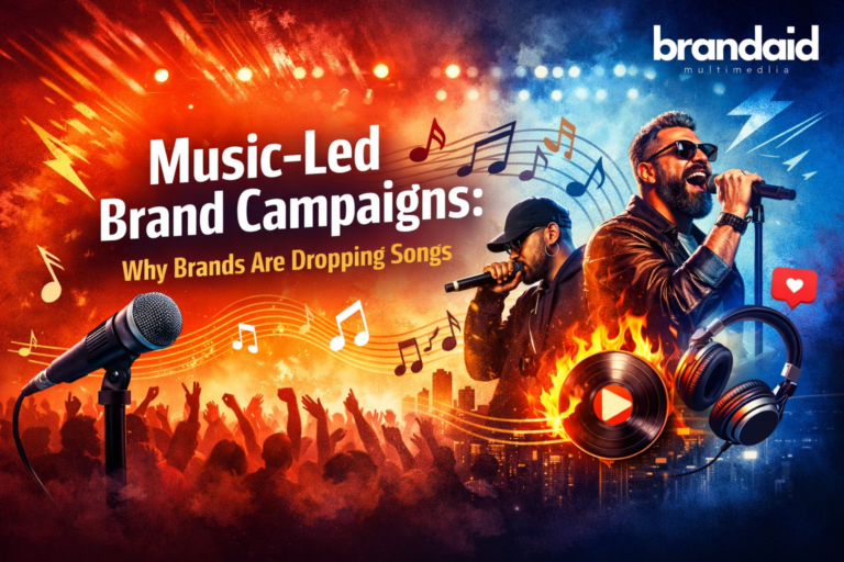 Music-led brand campaigns banner featuring live performers, musical elements, and BrandAid Multimedia logo highlighting brands using songs instead of traditional ads.