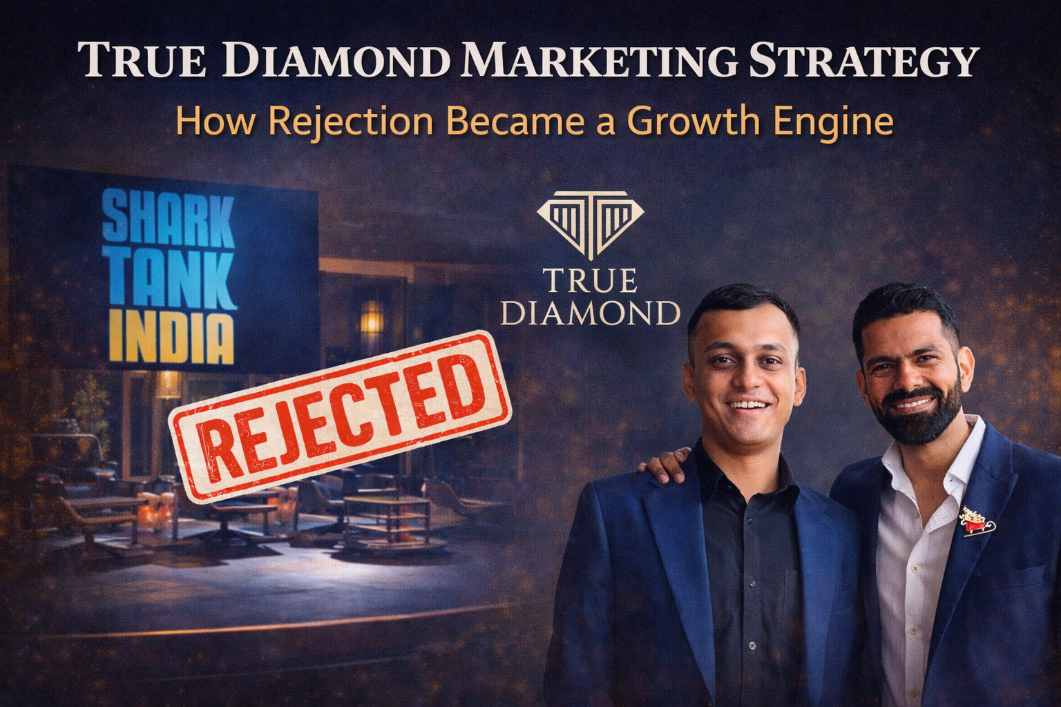 True Diamond Marketing Strategy banner showing Shark Tank India rejection turning into brand growth.
