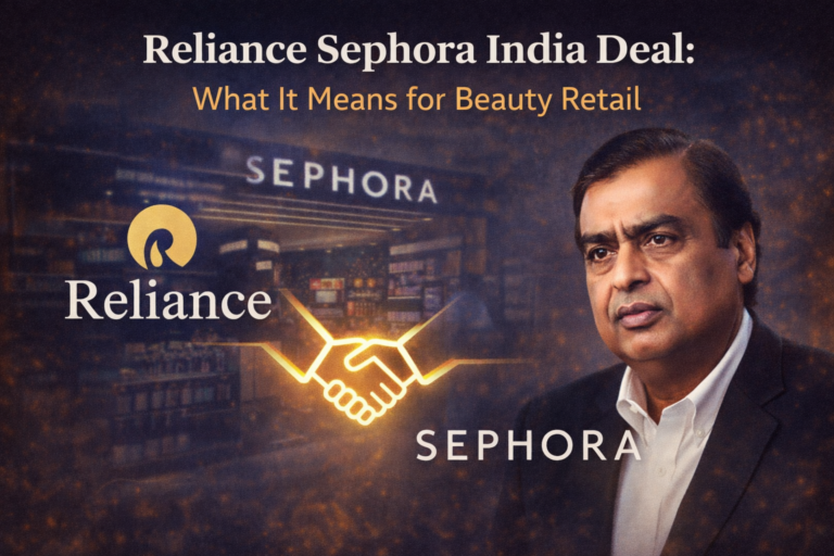 Banner featuring Reliance Sephora India deal with Mukesh Ambani, Reliance and Sephora logos, highlighting beauty retail strategy shift in India.