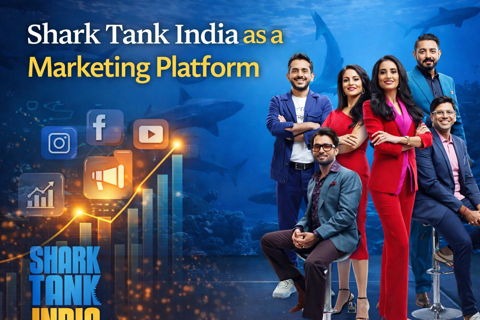 Shark Tank India banner featuring the panel of sharks against an underwater backdrop with marketing growth graphics, illustrating the show as a powerful marketing platform for brands.