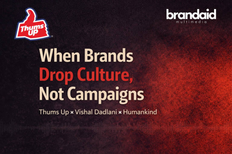 Thums Up music collaboration banner featuring bold headline “When Brands Drop Culture, Not Campaigns” with Thums Up and BrandAid Multimedia logos on a dark red textured background.