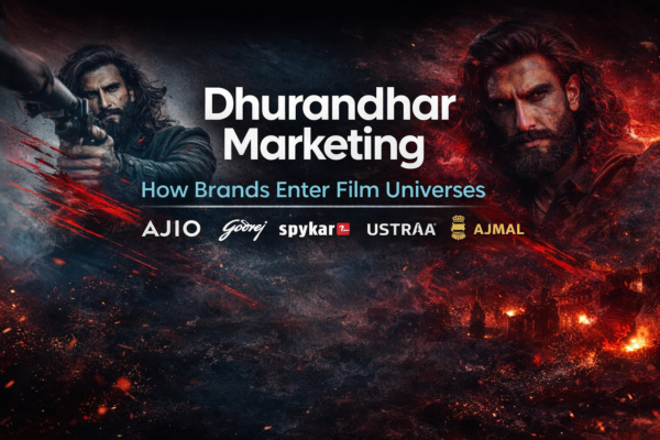 Dhurandhar marketing banner showing how brands integrate into film universes through storytelling and character-led campaigns
