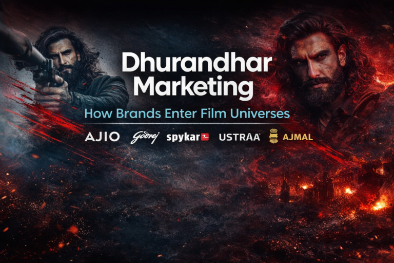 Dhurandhar marketing banner showing how brands integrate into film universes through storytelling and character-led campaigns