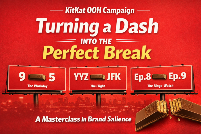 Minimalist red banner illustrating the KitKat OOH campaign where a KitKat wafer finger replaces the dash between everyday moments like “9 — 5”, “YYZ — JFK”, and “Ep.8 — Ep.9”, highlighting the brand’s idea of taking a break.