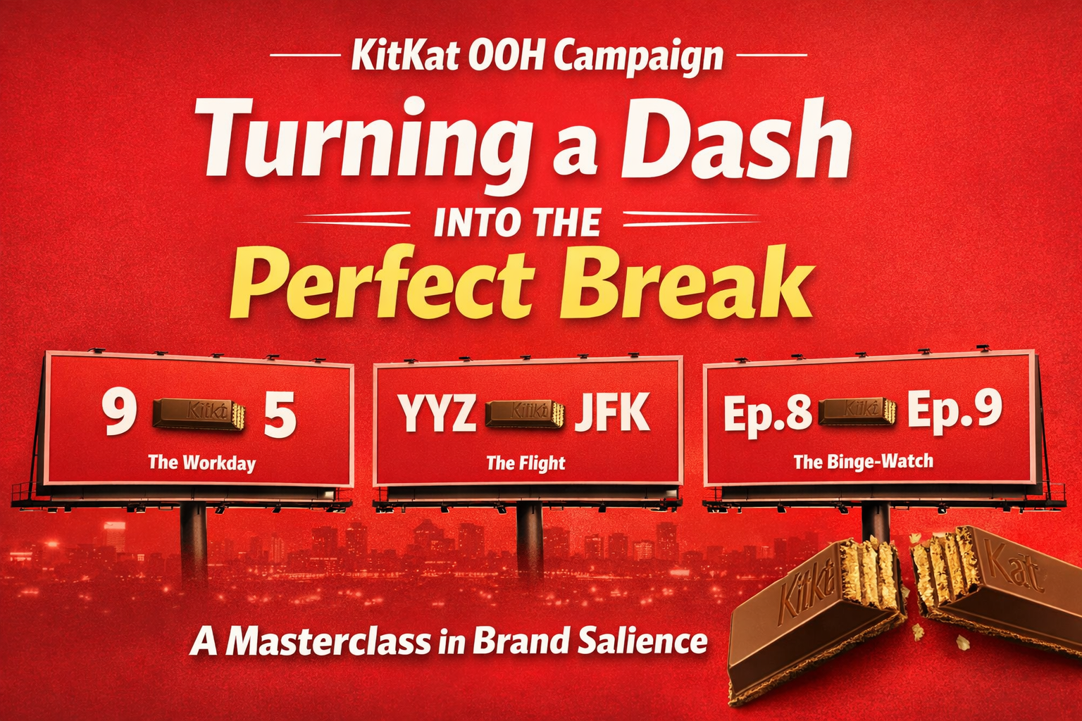 Minimalist red banner illustrating the KitKat OOH campaign where a KitKat wafer finger replaces the dash between everyday moments like “9 — 5”, “YYZ — JFK”, and “Ep.8 — Ep.9”, highlighting the brand’s idea of taking a break.