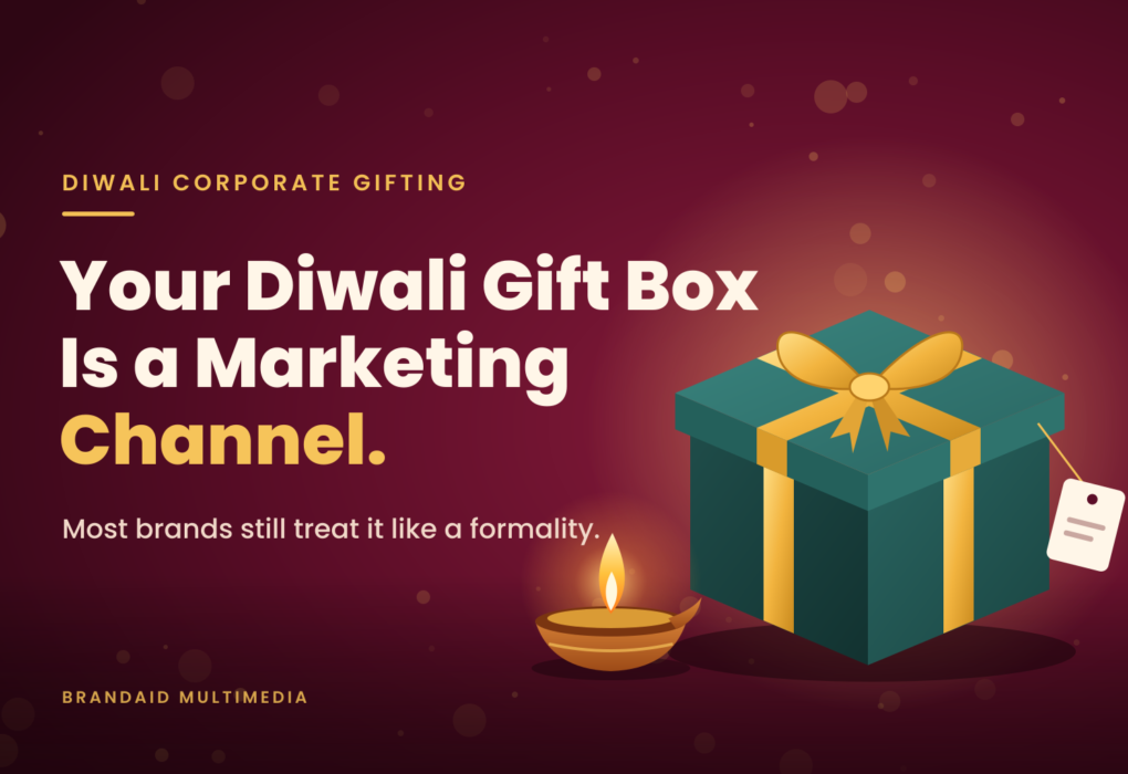 Diwali corporate gifting banner showing a green gift box with a gold ribbon and a lit diya, with the headline Your Diwali Gift Box Is a Marketing Channel