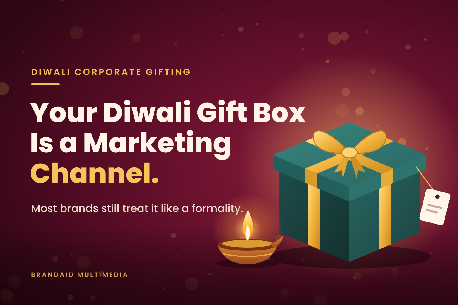 Diwali corporate gifting banner showing a green gift box with a gold ribbon and a lit diya, with the headline Your Diwali Gift Box Is a Marketing Channel