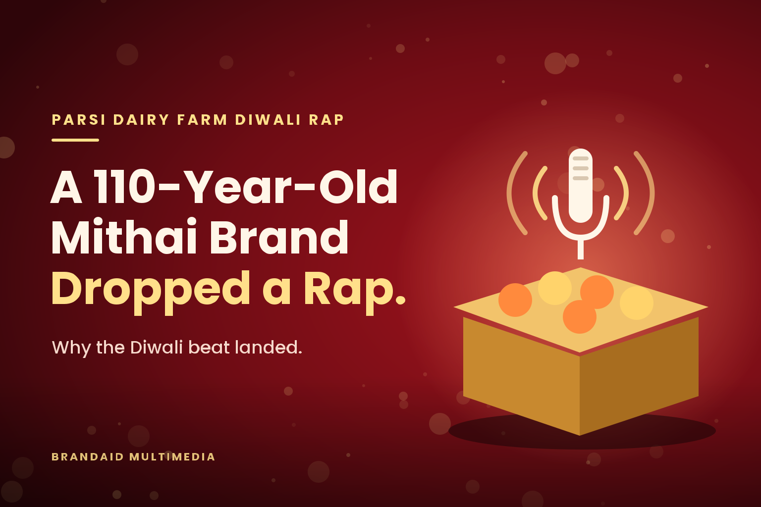 Parsi Dairy Farm Diwali rap banner: a mithai box with a microphone and sound waves